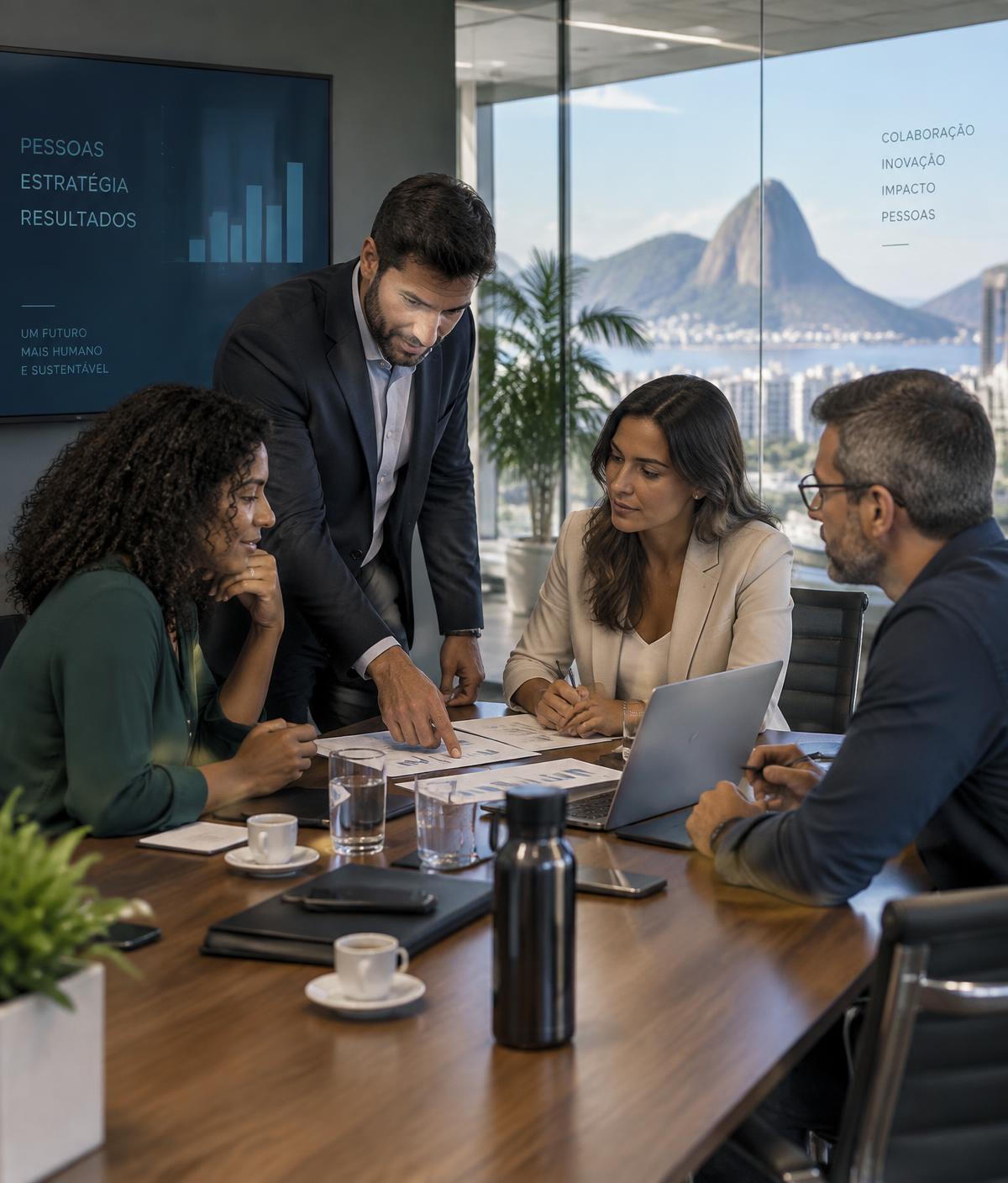 Equipe de liderança analisando indicadores em reunião corporativa